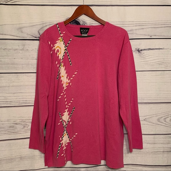 Vintage Sweaters - Vintage Pink Geometric Appliqué Ribbed Long Sleeve Sweater